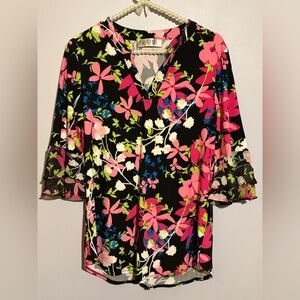 Kasper Black Floral Blouse with Pink and Green Accents Size L